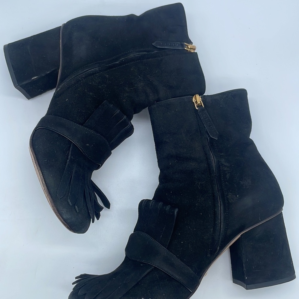 Gucci Black Suede leather Fringe trim GG marmont ankle boots 38 - Picture 4 of 11